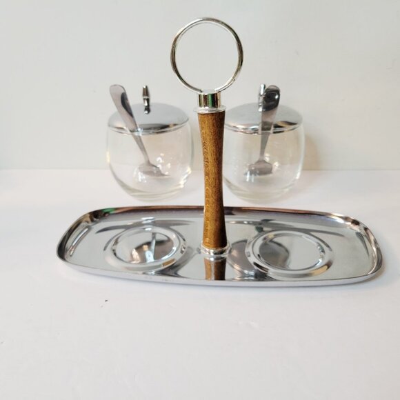 MCM Shelton Ware USA Chrome Condiment Caddy Glass Wood Set - Picture 4 of 6